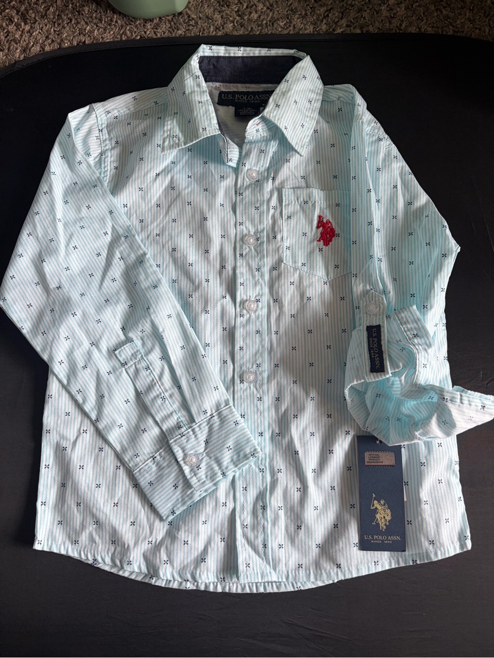 U.S. Polo Assn. NWT Boys Light Blue Striped Geometric Button Down Shirt Size 6
